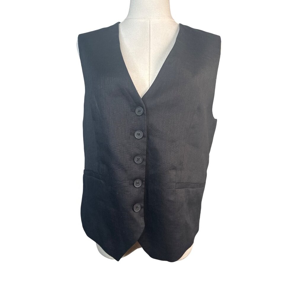 ZARA Womens Small Black Linen Button-Up Vest Made In Morocco